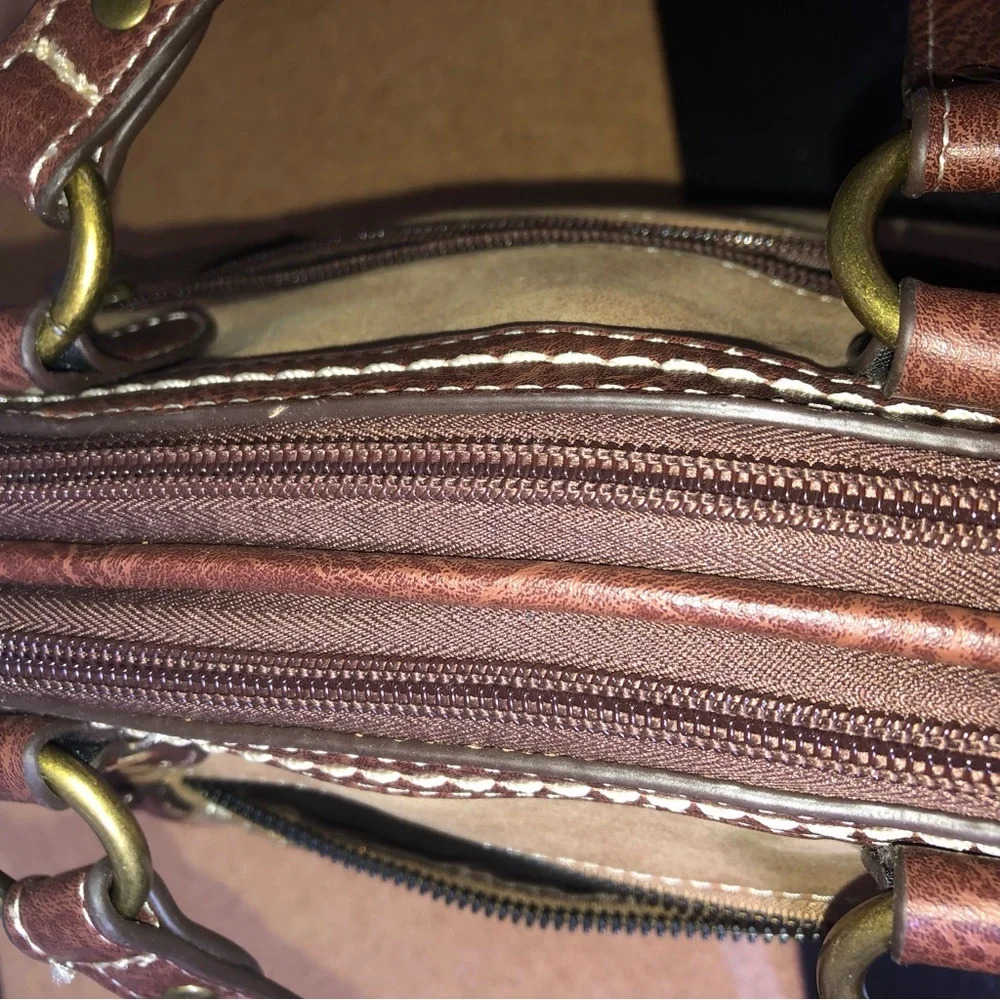 BOC SuedeLeather HandbagPurse BrownTan 2 Zip Openings No Shoulder Strap - Picture 6 of 11